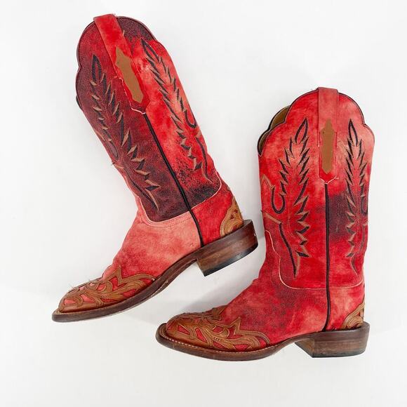 Lucchese Red Suede Hand Tooled Filigree Wingtip Square Toe Western Boot size 7.5 - Picture 5 of 12